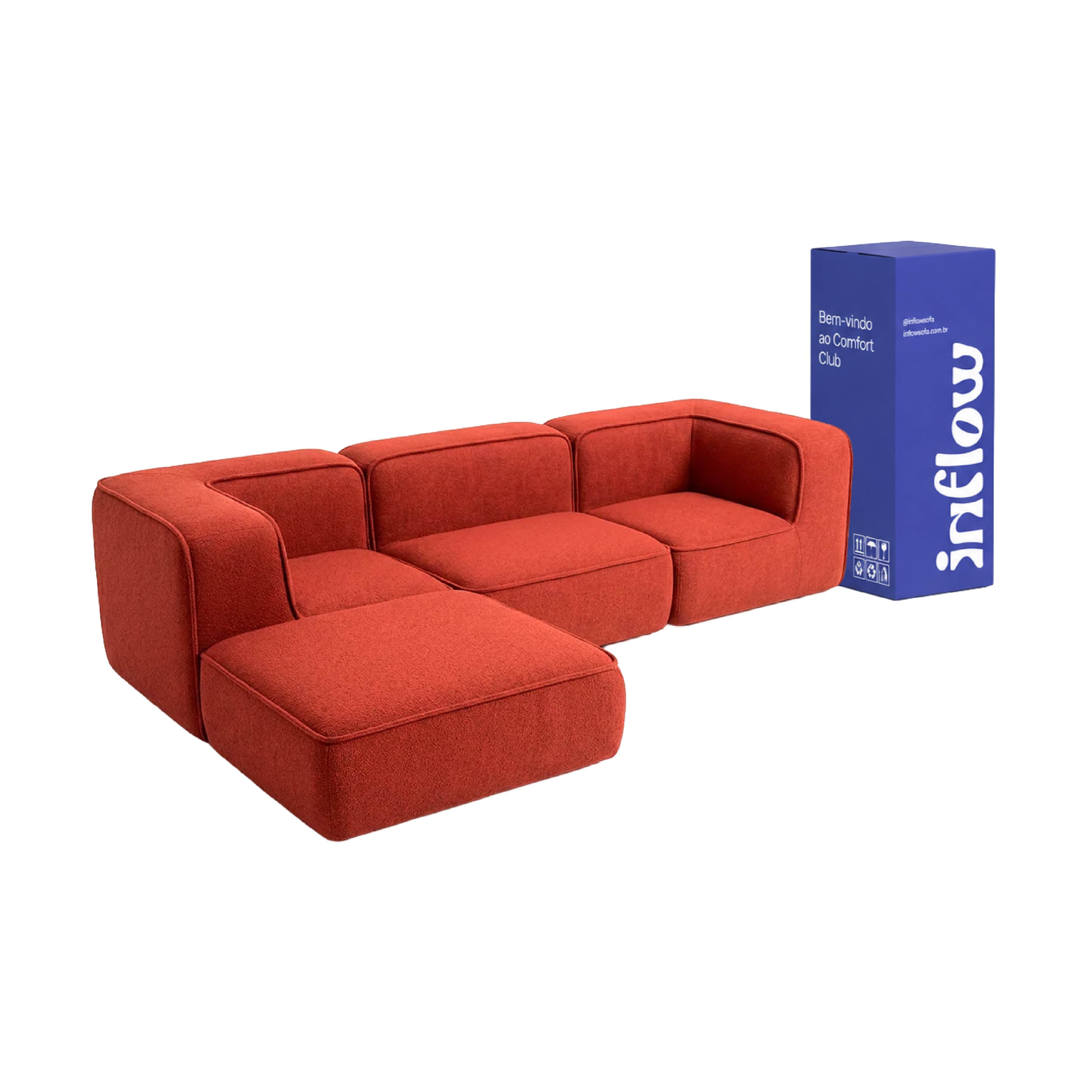 Sofá Modular Flow 3 Lugares 2 Cantos com 1 Apoio de Pé em Boucle Plus Terracota