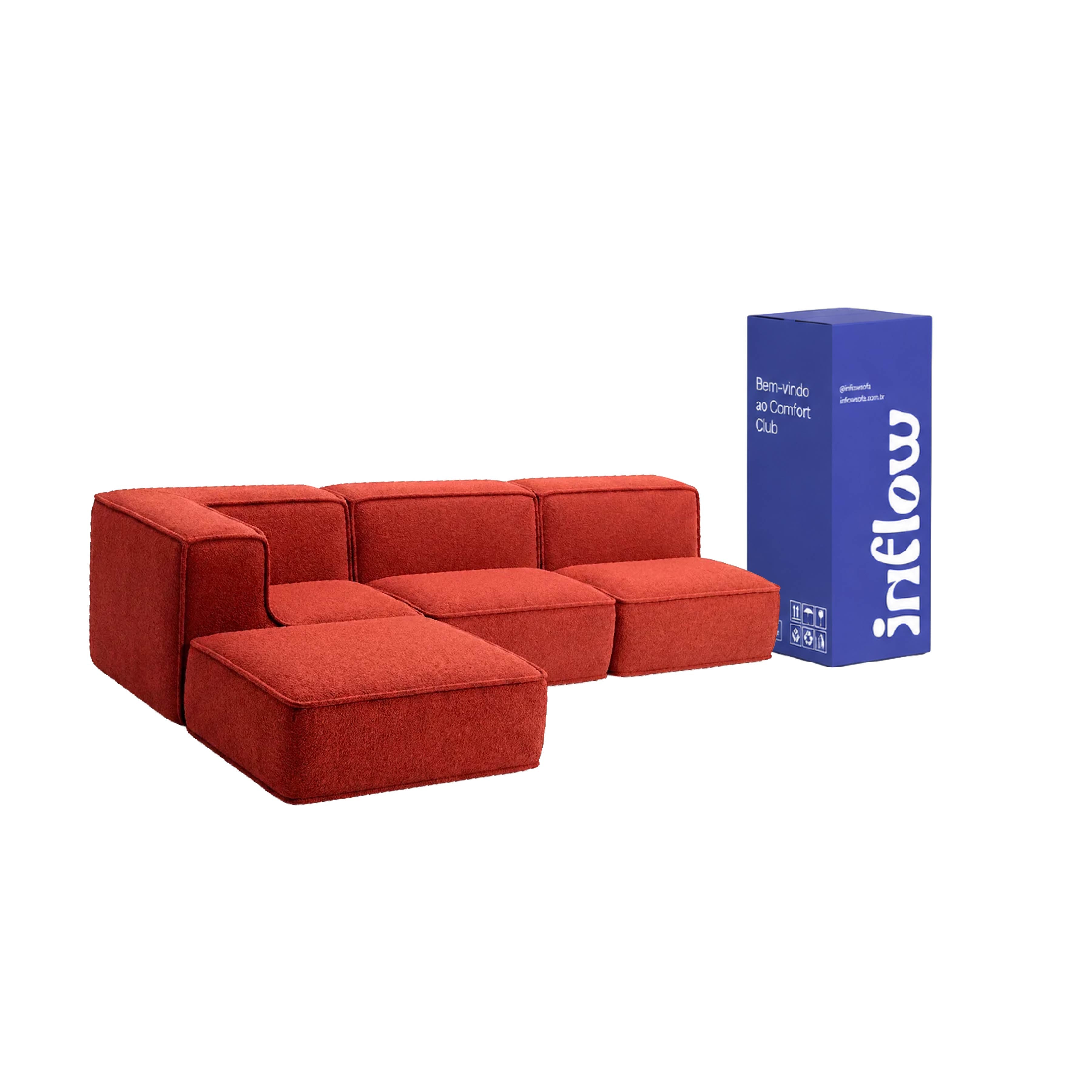 Sofá Modular Flow 3 Lugares 1 Canto com 1 Apoio de Pé em Boucle Plus Terracota