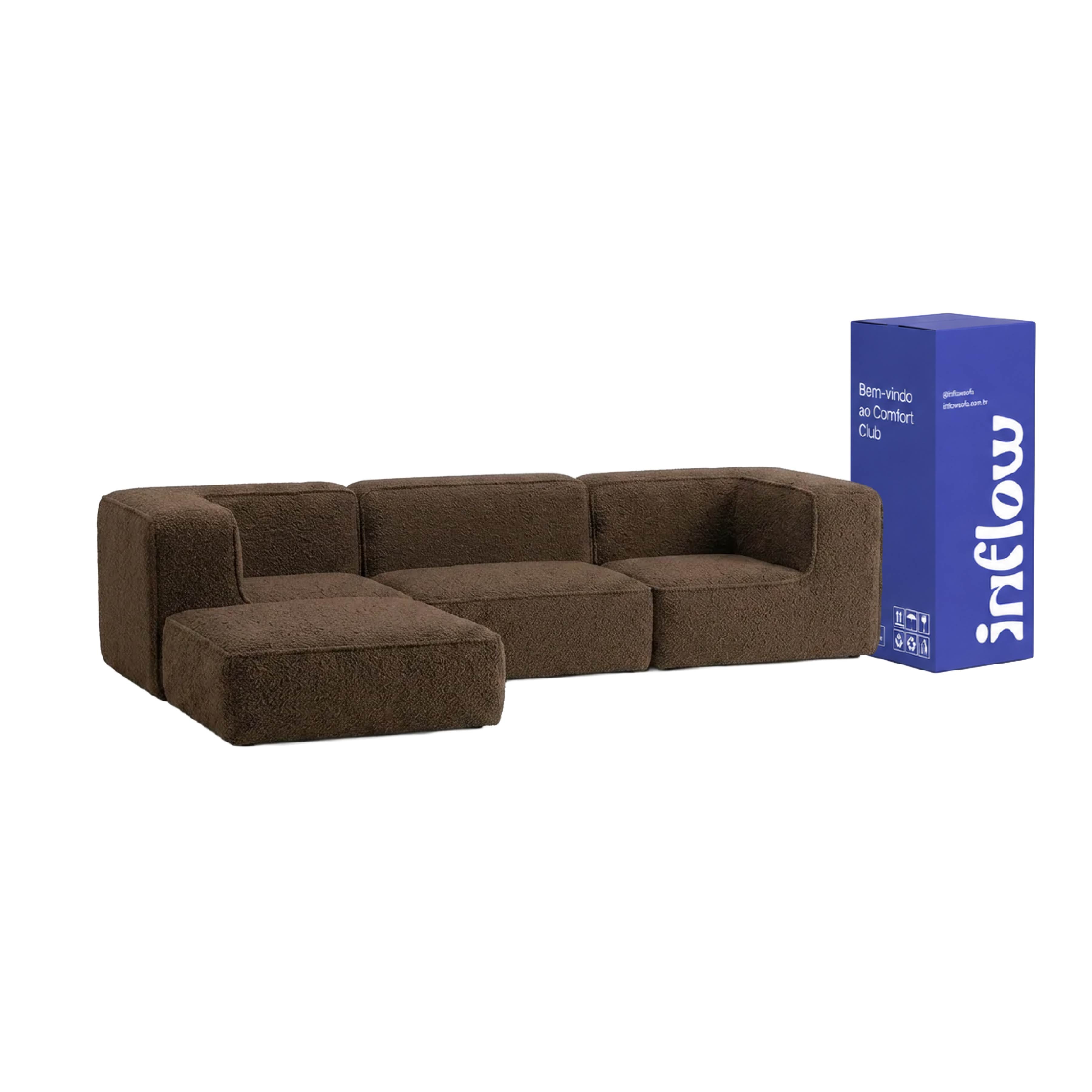 Sofá Modular Flow 3 Lugares 2 Cantos com 1 Apoio de Pé em Boucle Plus Marrom