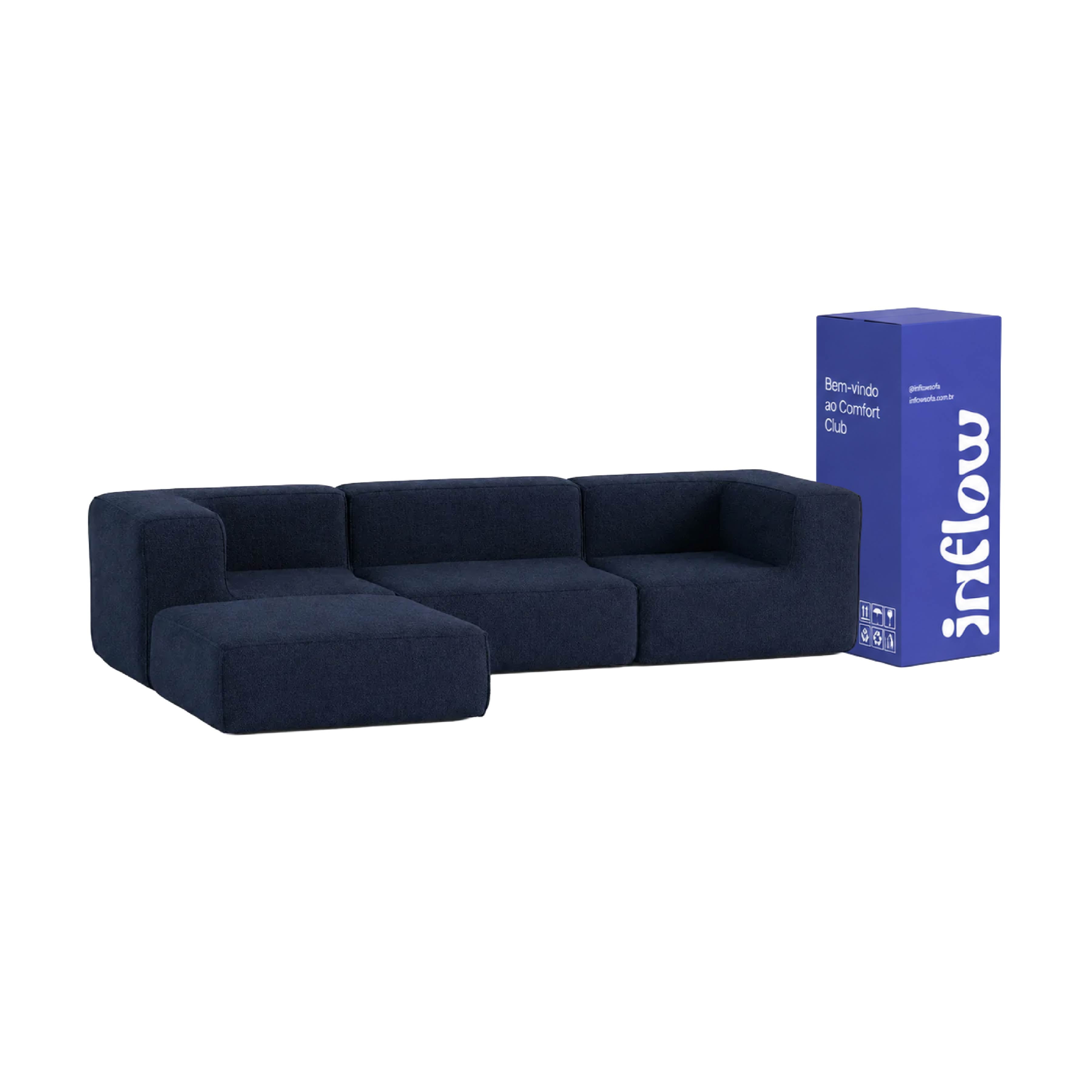 Sofá Modular Flow 3 Lugares 2 Cantos com 1 Apoio de Pé em Boucle Azul Marinho