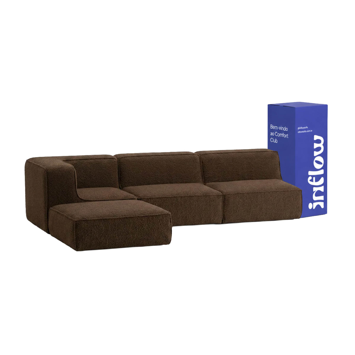 Sofá Modular Flow 3 Lugares 1 Canto com 1 Apoio de Pé em Boucle Plus Marrom