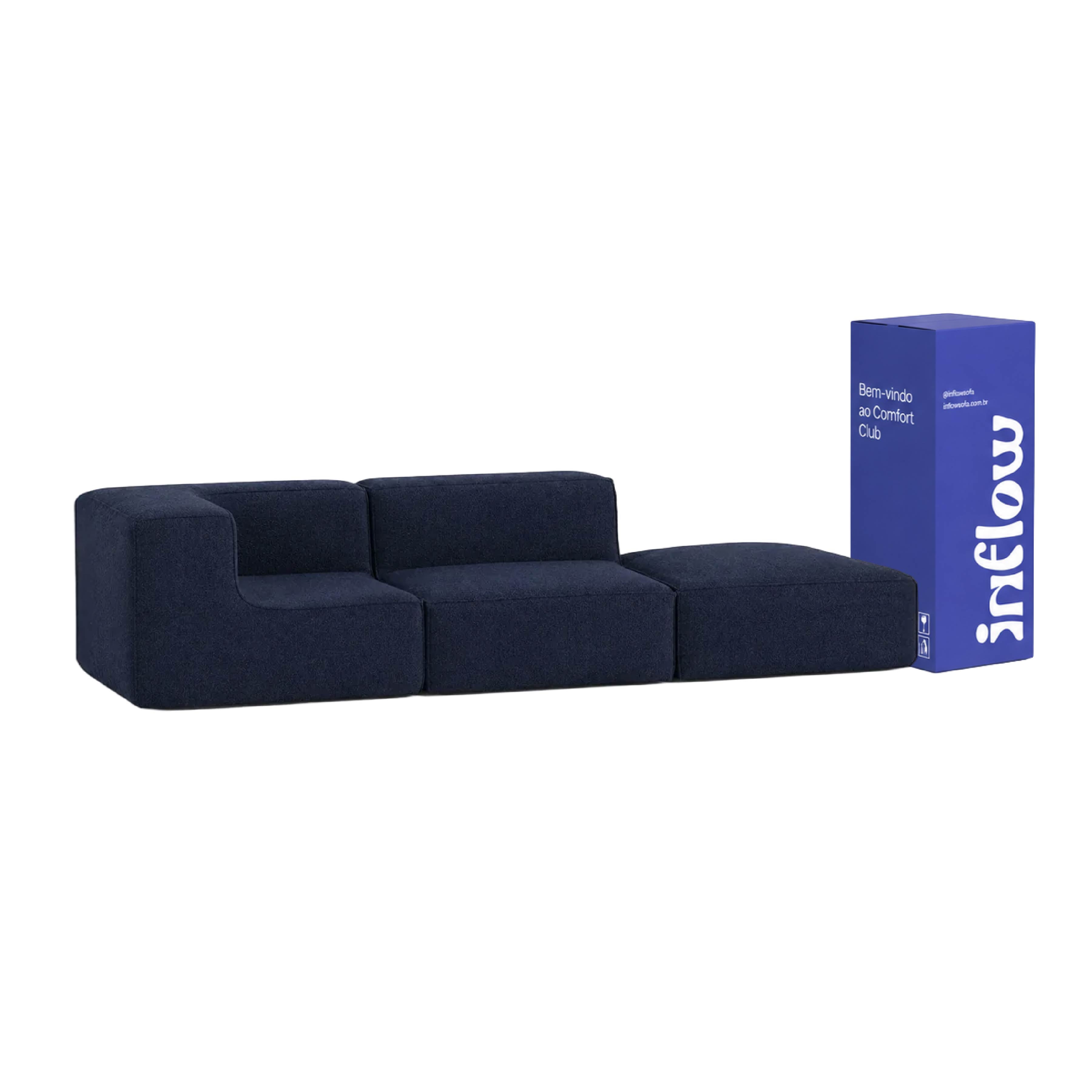 Sofá Modular Flow 2 Lugares 1 Canto com 1 Apoio de Pé em Boucle Azul Marinho