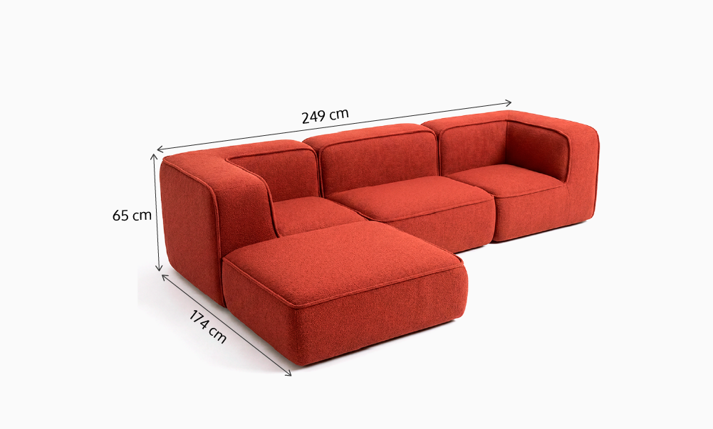 Sofá Modular Flow 3 Lugares 2 Cantos com 1 Apoio de Pé em Boucle Plus Terracota