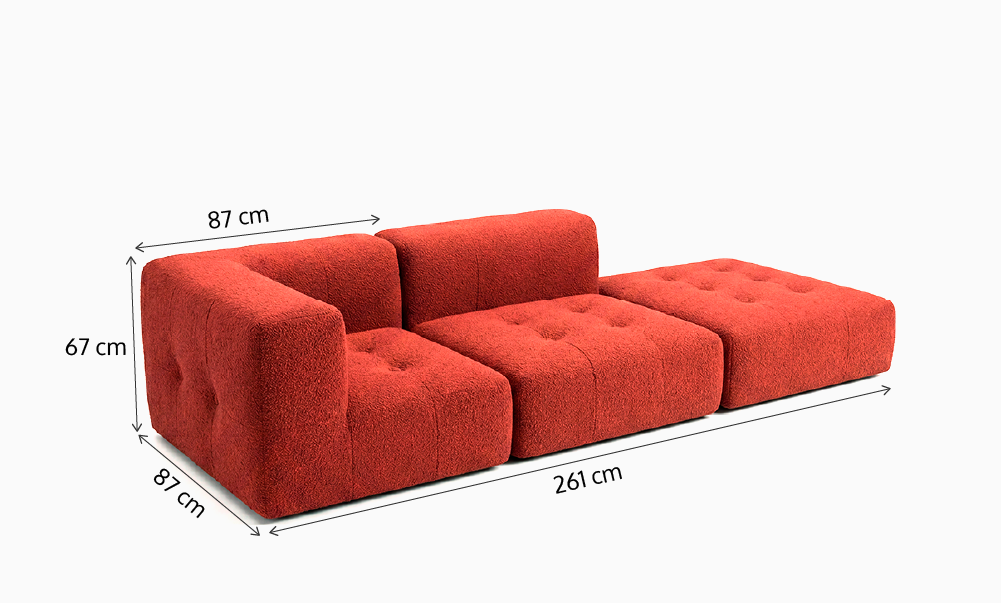 Sofá Modular 2 Lugares 1 Canto com 1 Apoio de Pé em Boucle Plus Terracota