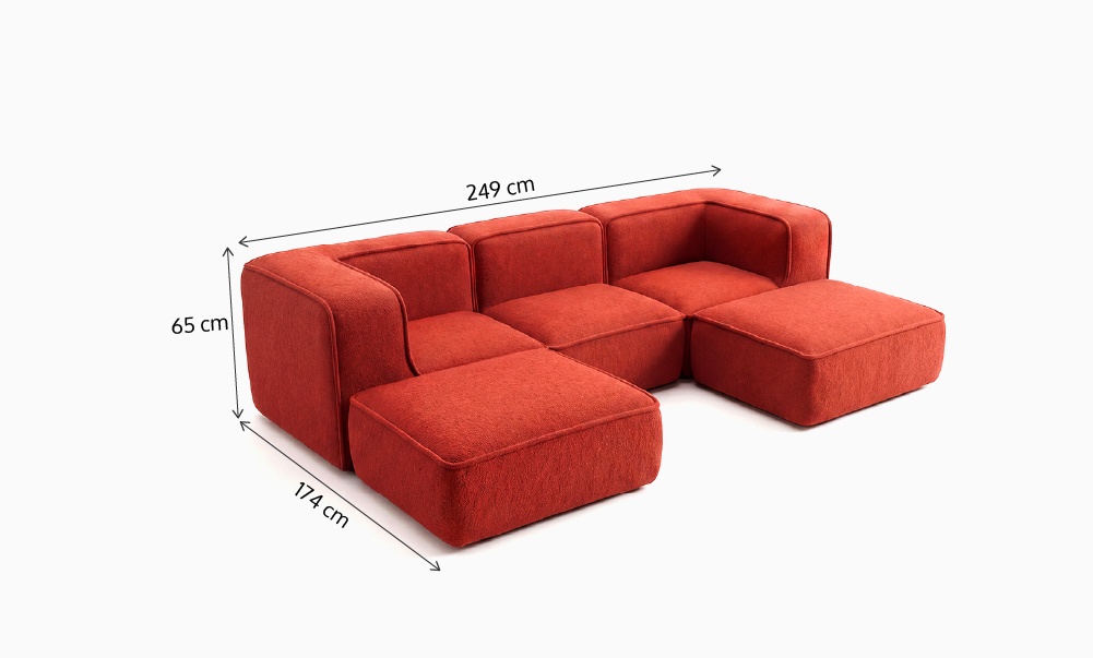 Sofá Modular Flow 3 Lugares 2 Cantos com 2 Apoios de Pé em Boucle Plus Terracota