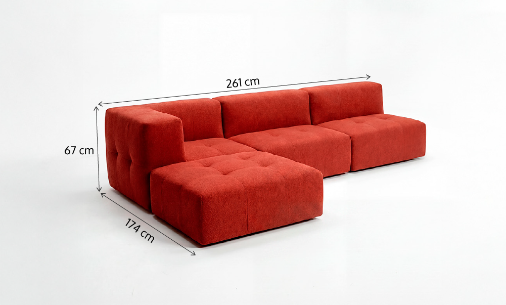 Sofá Modular 3 Lugares 1 Canto com 1 Apoio de Pé em Boucle Plus Terracota