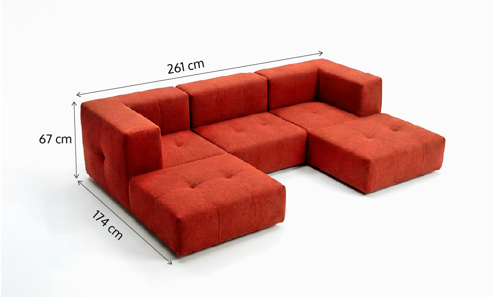 Sofá Modular 3 Lugares 2 Cantos com 2 Apoios de Pé em Boucle Plus Terracota