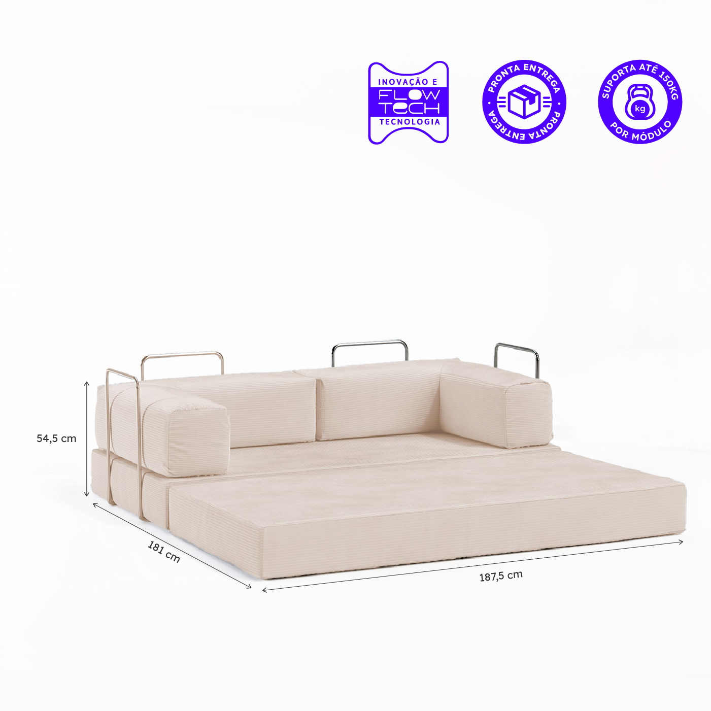 Sofá-Cama Flowin Cotelê com Apoio de Pé - Bege