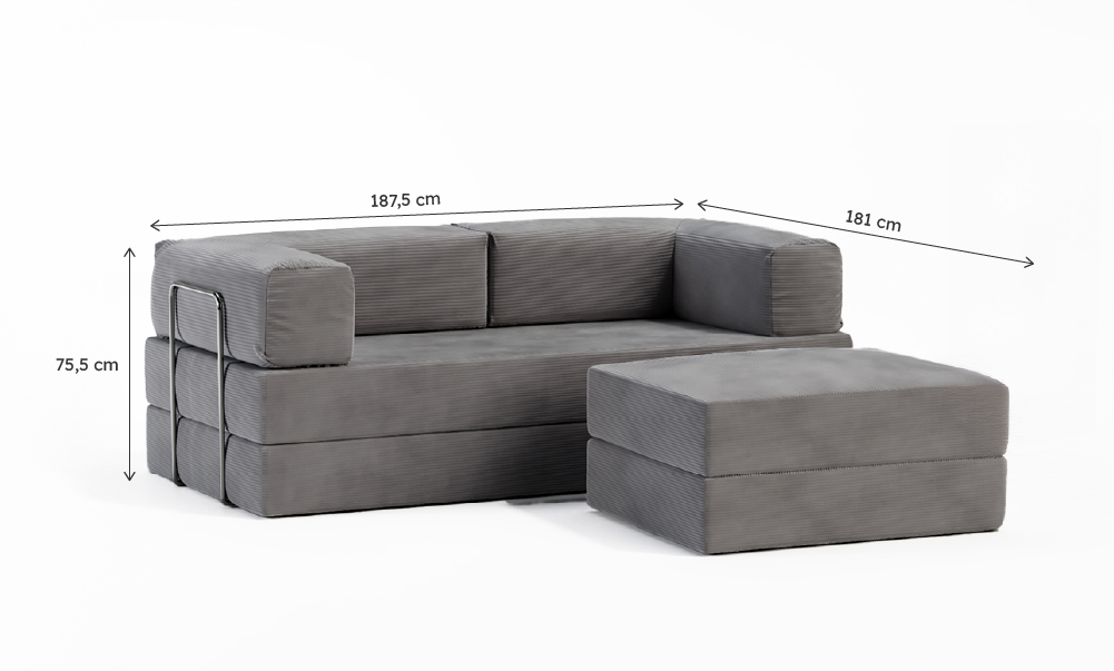 Sofá-Cama Flowin Cotelê com Apoio de Pé - Cinza