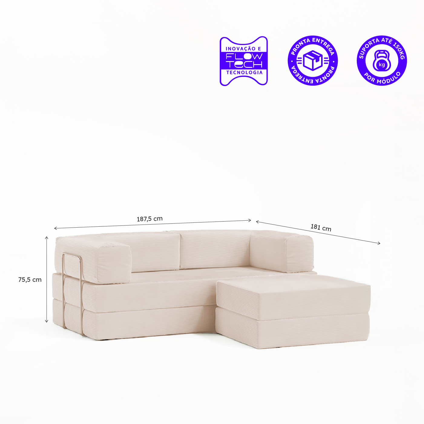 Sofá-Cama Flowin Cotelê com Apoio de Pé - Bege