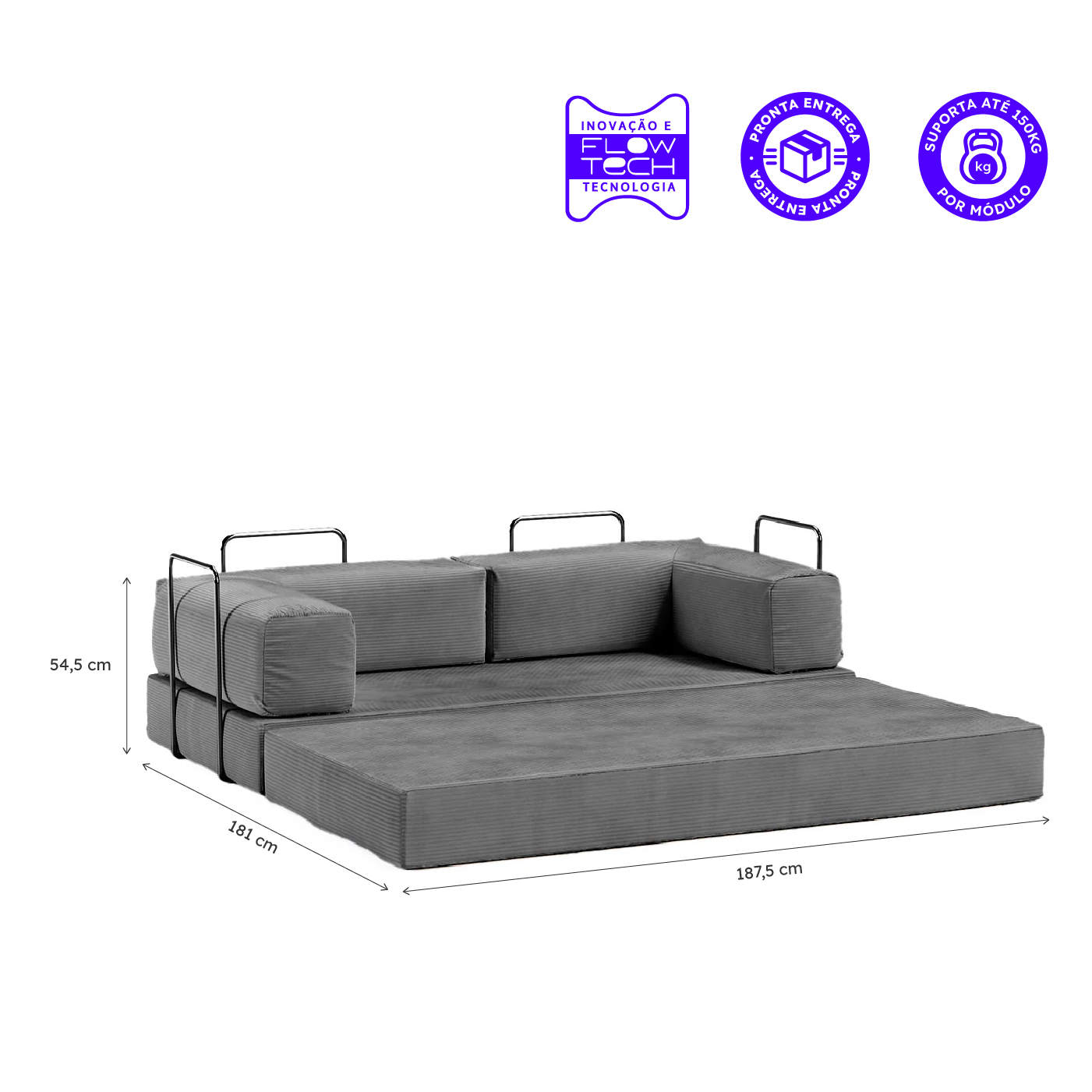 Sofá-Cama Flowin Cotelê com Apoio de Pé - Cinza