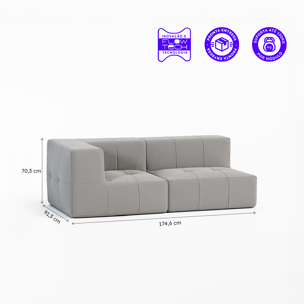 Sofá Modular Boucle Cinza - 2 Lugares - 1 Canto