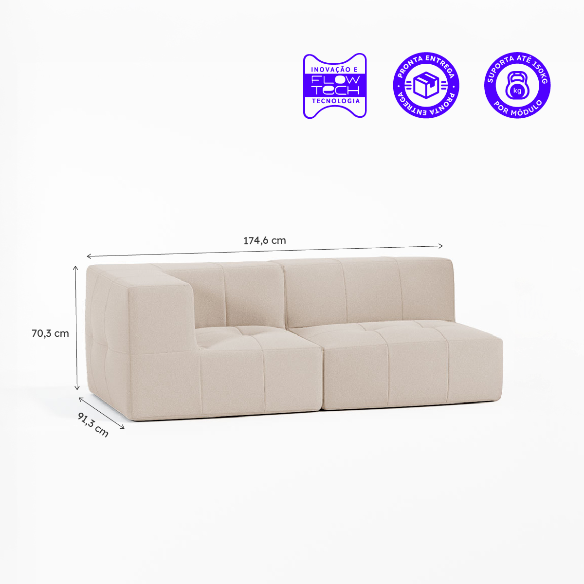 Sofá Modular Boucle Bege - 2 Lugares - 1 Canto