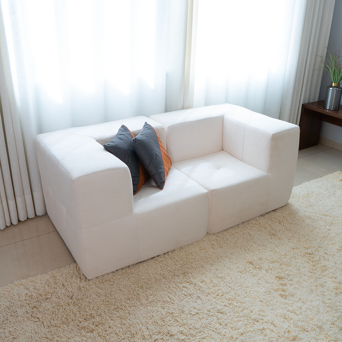 Sofá Modular 2 Lugares 2 Cantos em Boucle Bege