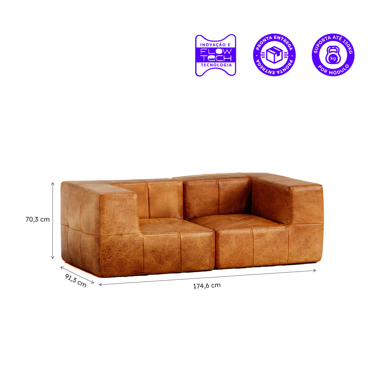 Sofá Modular Poli-Couro Marrom - 2 Lugares - 2 Cantos