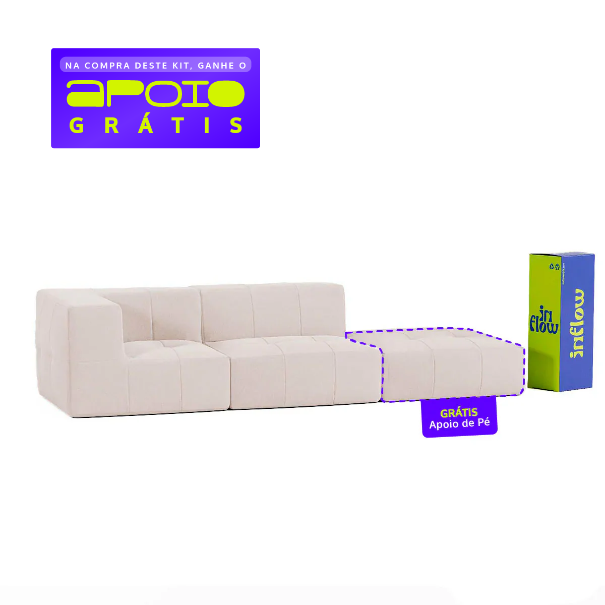 Sofá Modular Boucle Bege - 2 Lugares - 1 Canto com Apoio de Pé