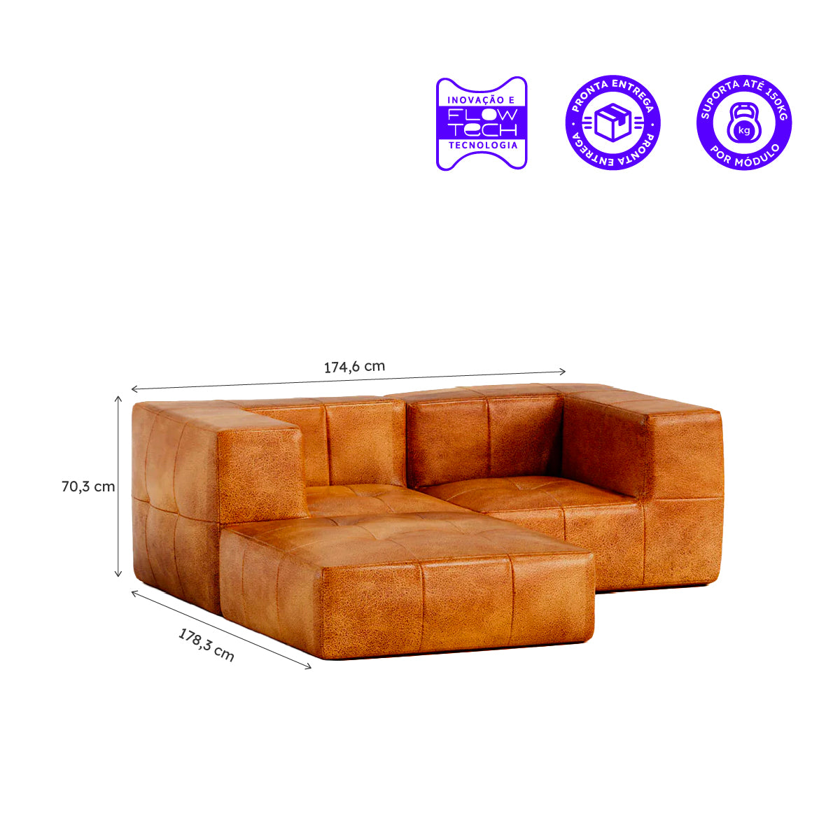 Sofá Modular Poli-Couro Marrom - 2 Lugares - 2 Cantos com Apoio de Pé