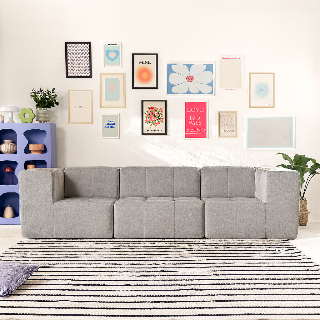 Sofá Modular 3 Lugares 2 Cantos em Boucle Cinza