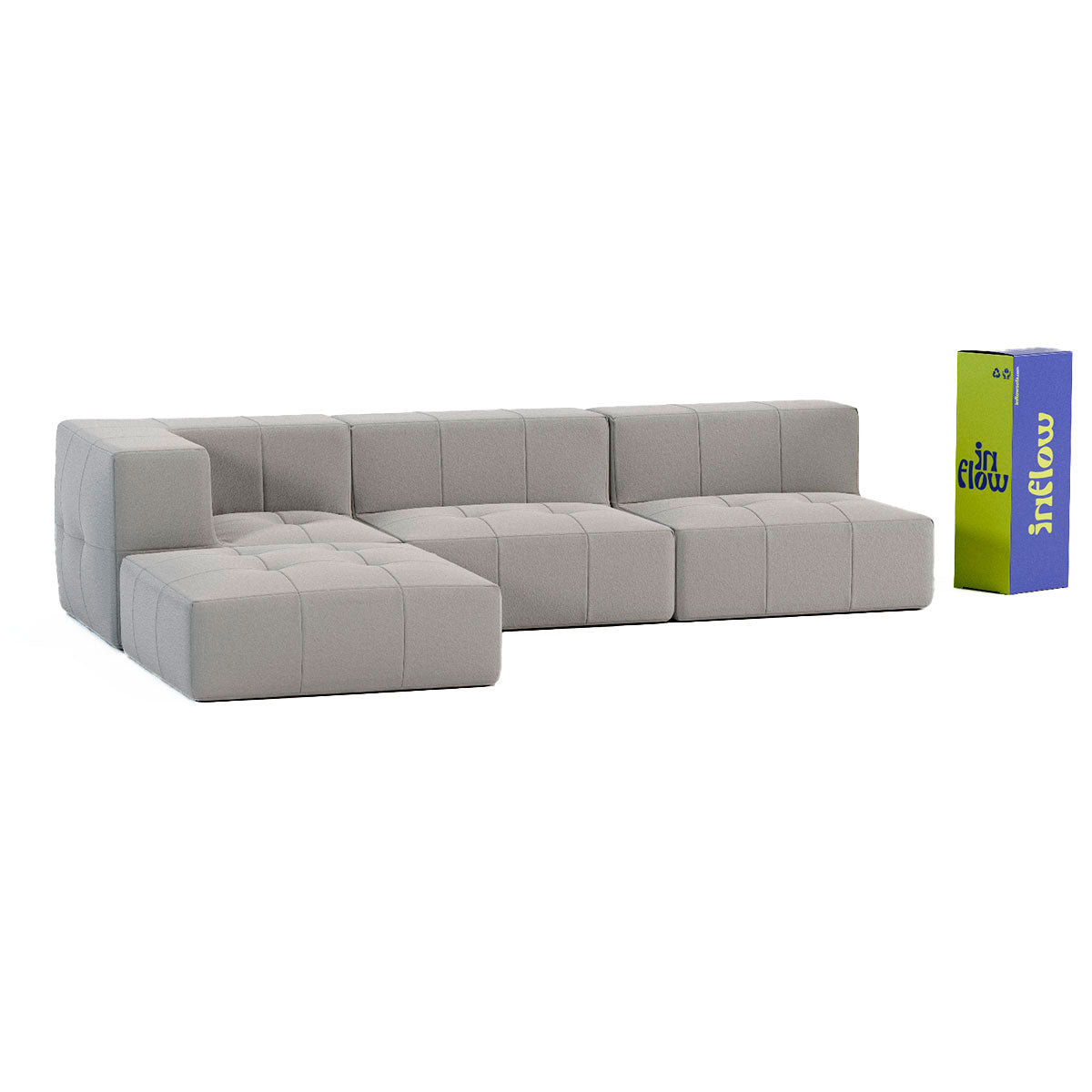 Sofá Modular 3 Lugares 1 Canto com 1 Apoio de Pé em Boucle Cinza