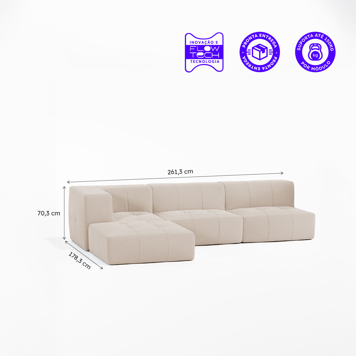 Sofá Modular Boucle Bege - 3 Lugares - 1 Canto com Apoio de Pé