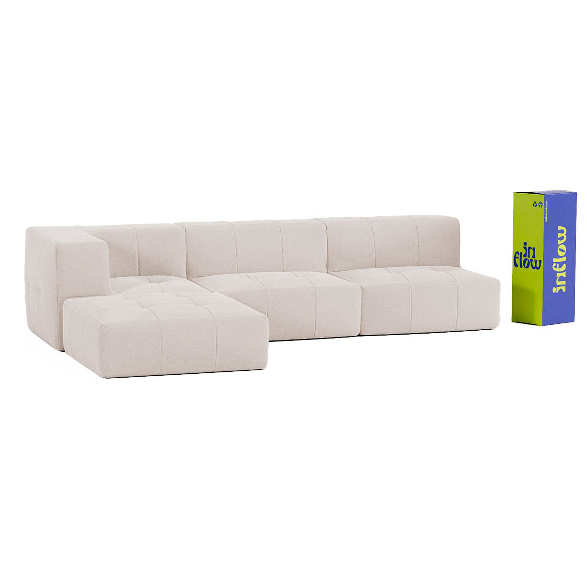 Sofá Modular 3 Lugares 1 Canto com 1 Apoio de Pé em Boucle Bege