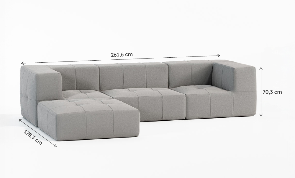 Sofá Modular Boucle Cinza - 3 Lugares - 2 Cantos com Apoio de Pé