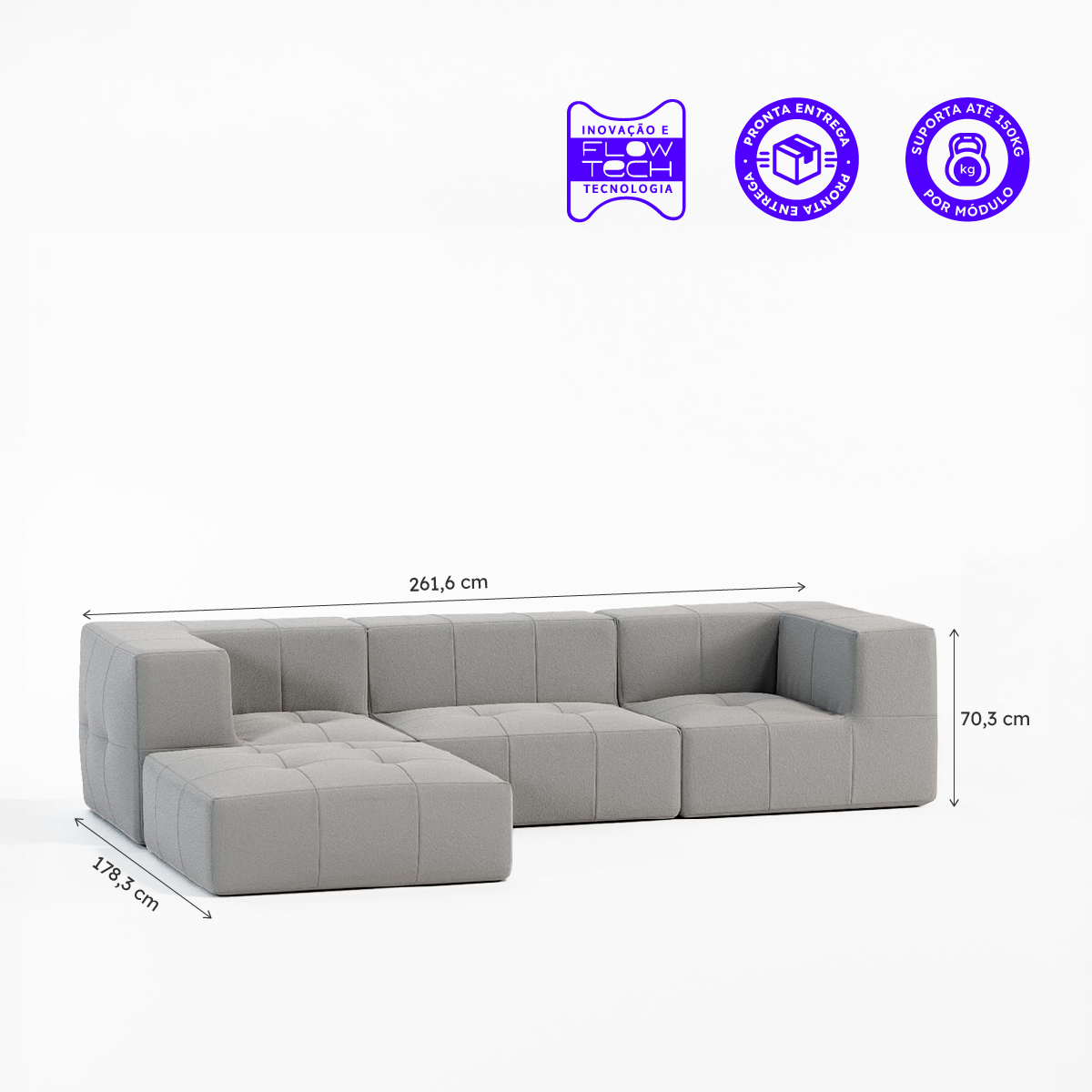 Sofá Modular Boucle Cinza - 3 Lugares - 2 Cantos com Apoio de Pé