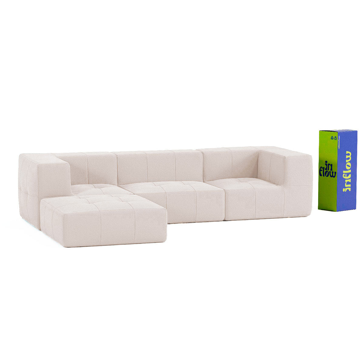 Sofá Modular 3 Lugares 2 Cantos com 1 Apoio de Pé em Boucle Bege