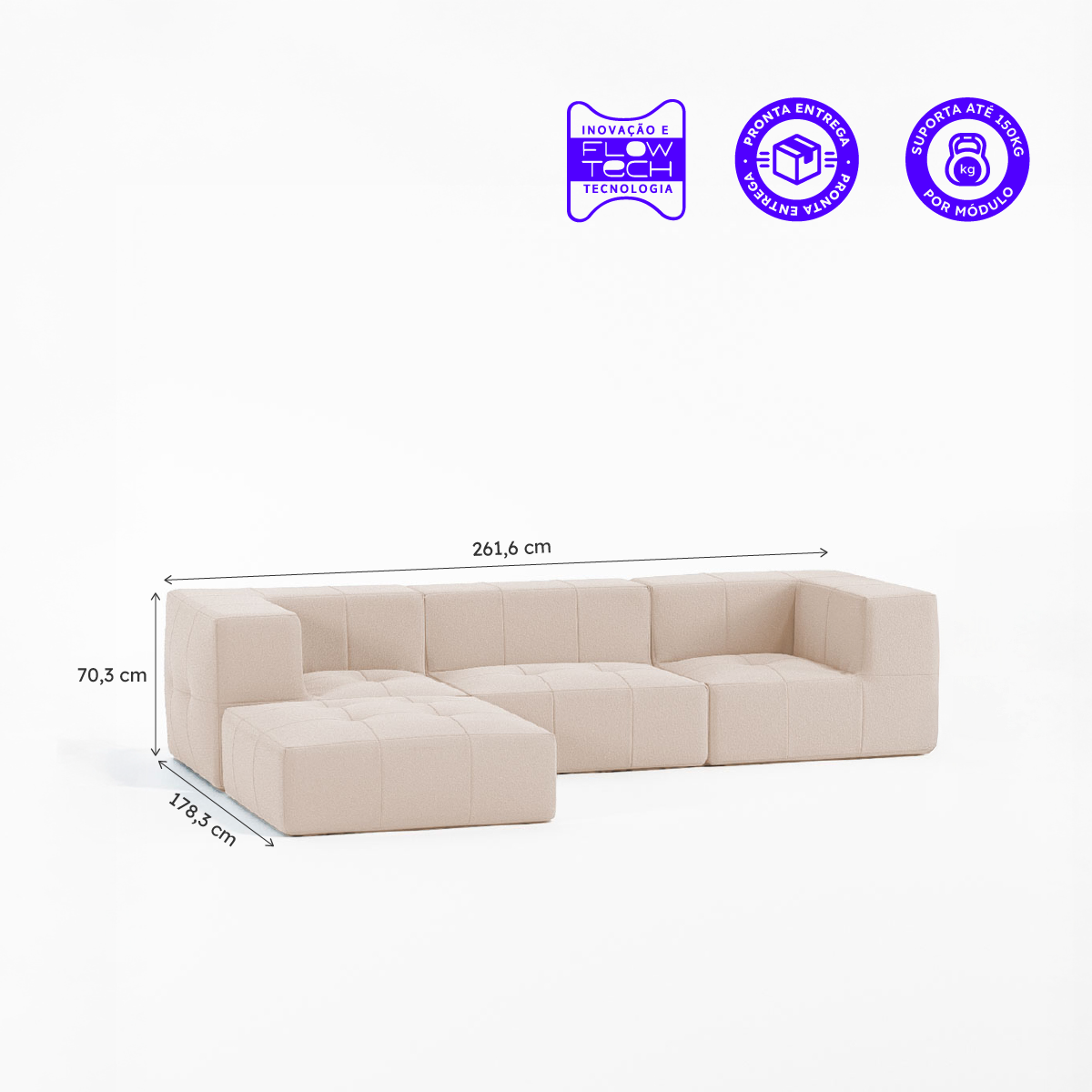 Sofá Modular Boucle Bege - 3 Lugares - 2 Cantos com Apoio de Pé