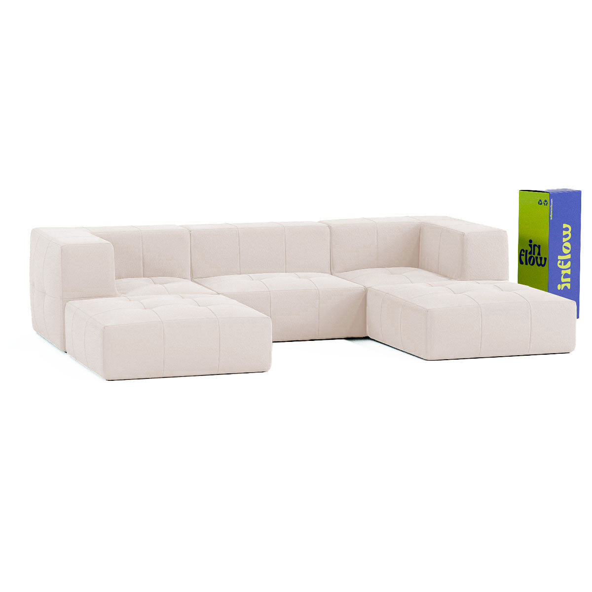 Sofá Modular 3 Lugares 2 Cantos com 2 Apoios de Pé em Boucle Bege