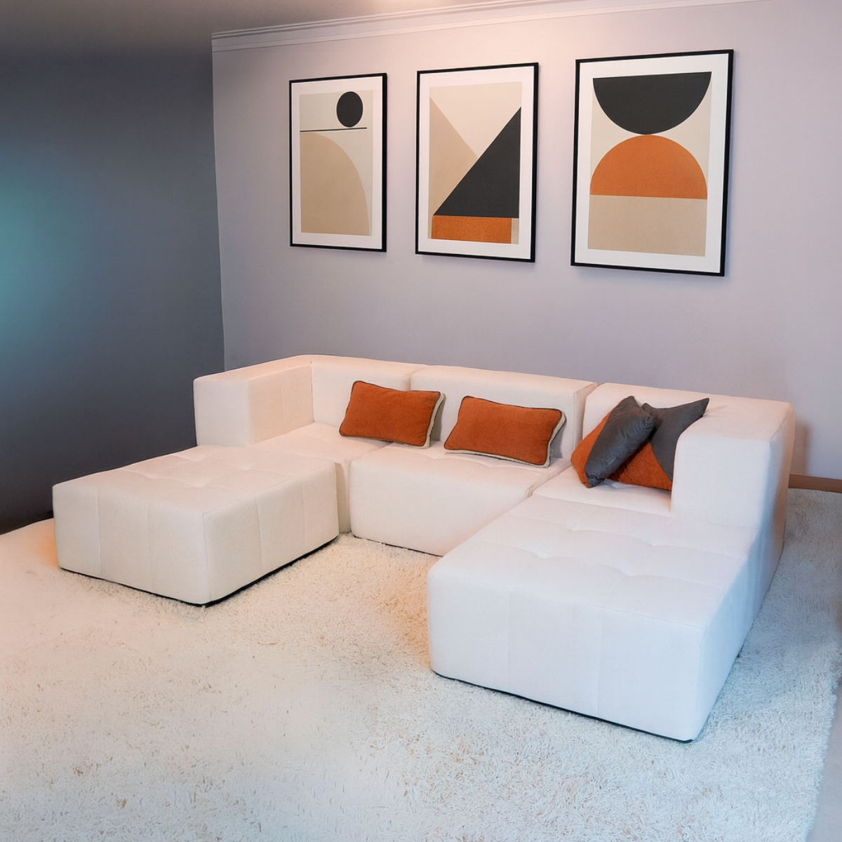 Sofá Modular Boucle Bege - 3 Lugares - 2 Cantos com 2 Apoio de Pé