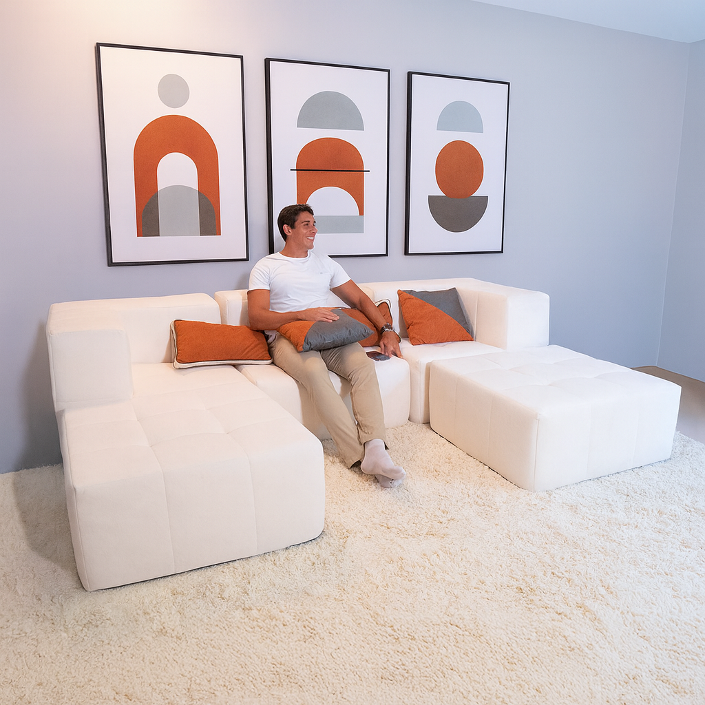 Sofá Modular 3 Lugares 2 Cantos com 2 Apoios de Pé em Boucle Bege