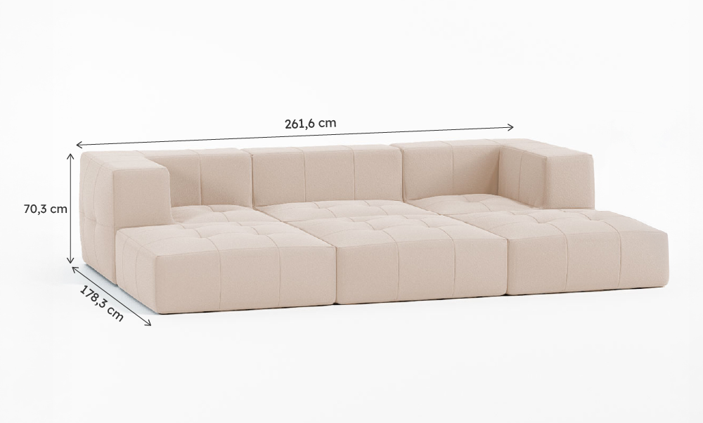 Sofá Modular Boucle Bege - 3 Lugares - 2 Cantos com 3 Apoio de Pé