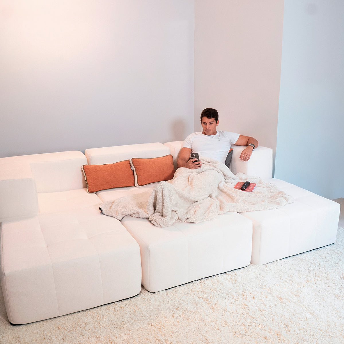 Sofá Modular Boucle Bege - 3 Lugares - 2 Cantos com 3 Apoio de Pé