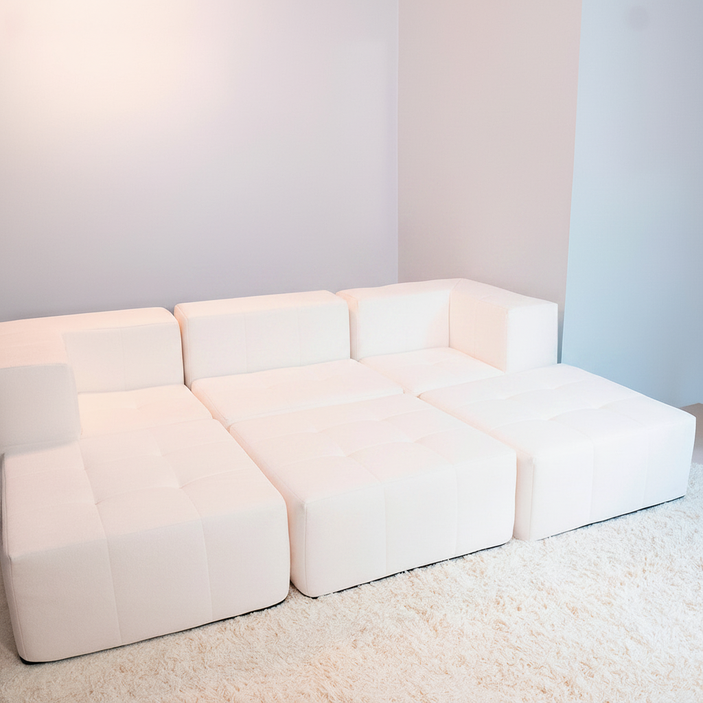 Sofá Modular 3 Lugares 2 Cantos com 3 Apoios de Pé em Boucle Bege
