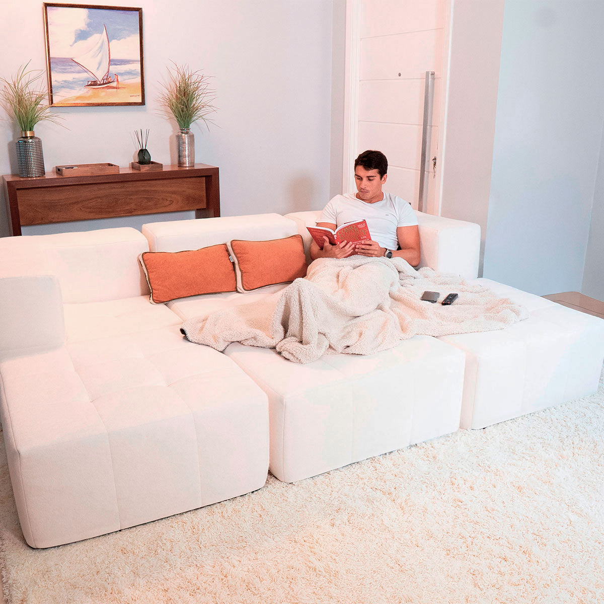 Sofá Modular 3 Lugares 2 Cantos com 3 Apoios de Pé em Boucle Bege