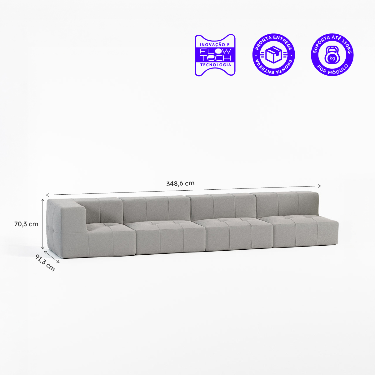 Sofá Modular Boucle Cinza - 4 Lugares - 1 Canto