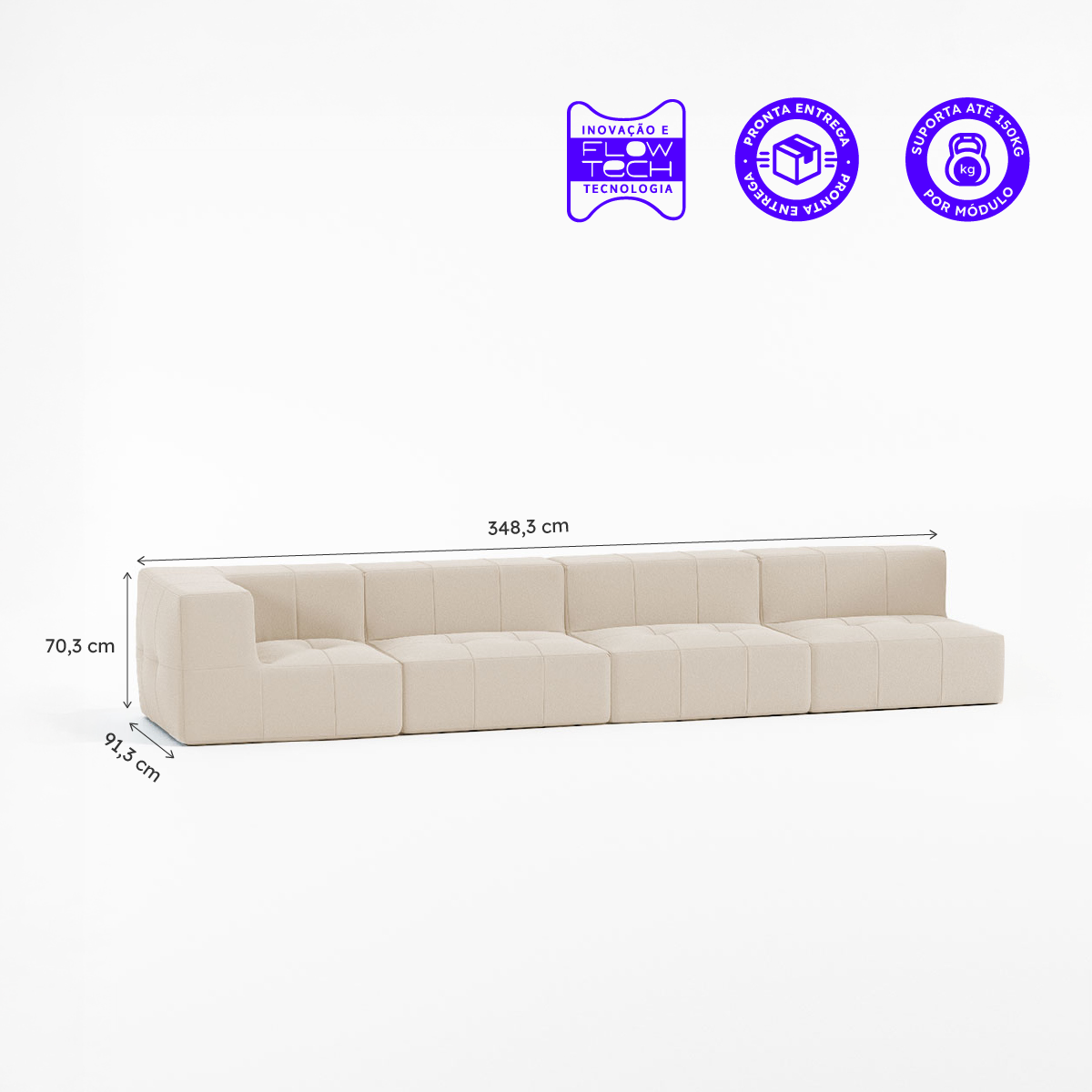 Sofá Modular Boucle Bege - 4 Lugares - 1 Canto