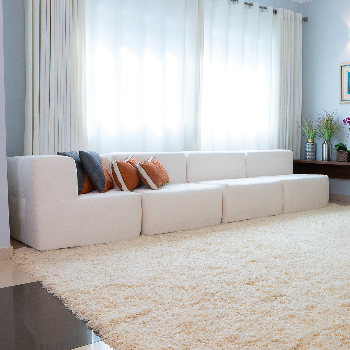 Sofá Modular 4 Lugares 1 Canto em Boucle Bege