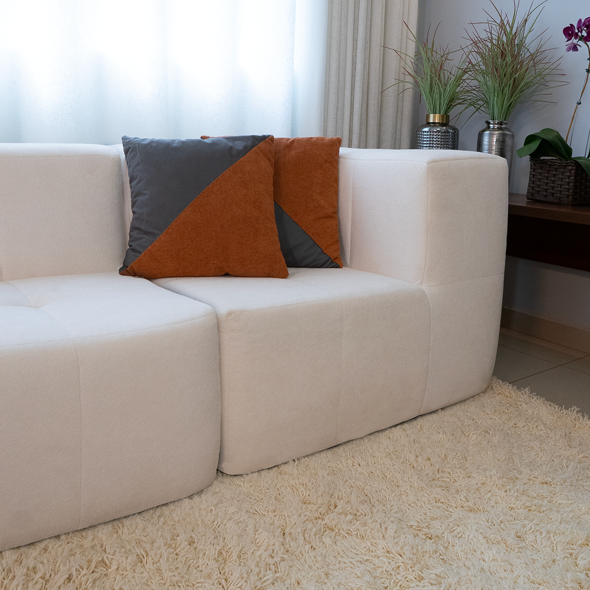 Sofá Modular 4 Lugares 2 Cantos em Boucle Bege
