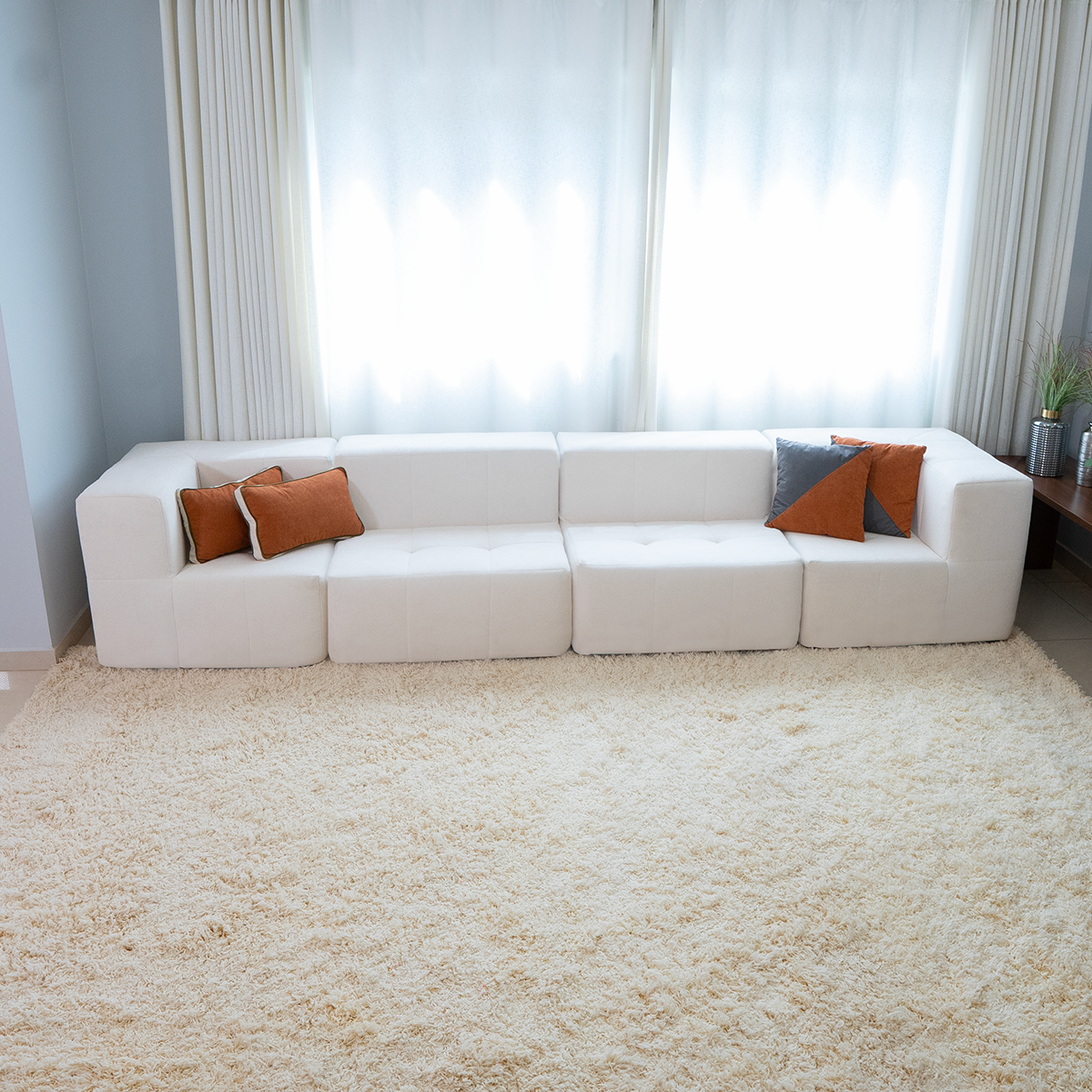 Sofá Modular 4 Lugares 2 Cantos em Boucle Bege