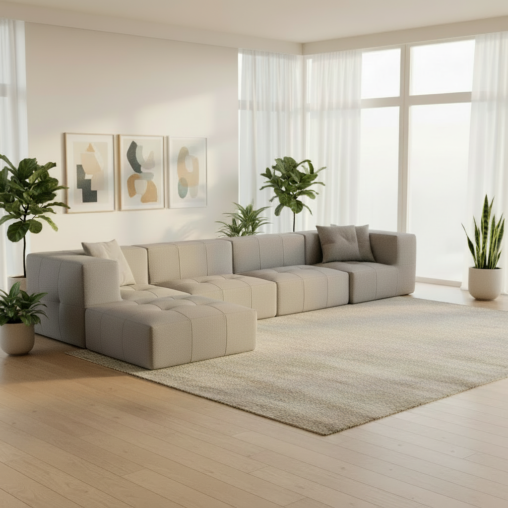 Sofá Modular 4 Lugares 2 Cantos com 1 Apoio de Pé em Boucle Cinza