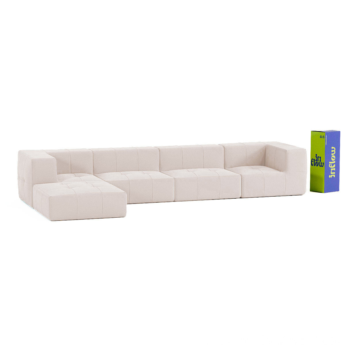 Sofá Modular 4 Lugares 2 Cantos com 1 Apoio de Pé em Boucle Bege