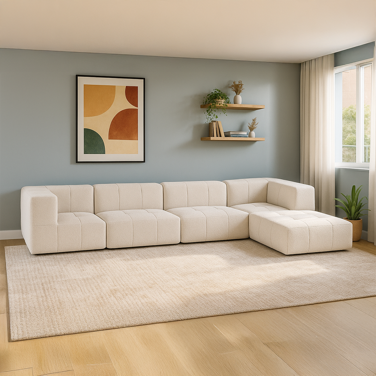 Sofá Modular 4 Lugares 2 Cantos com 1 Apoio de Pé em Boucle Bege