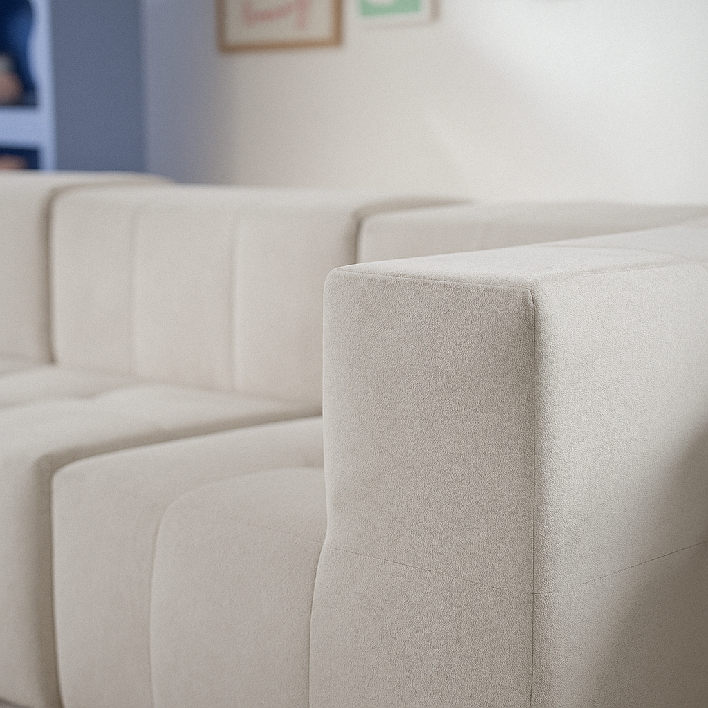 Sofá Modular 4 Lugares 2 Cantos com 1 Apoio de Pé em Boucle Bege