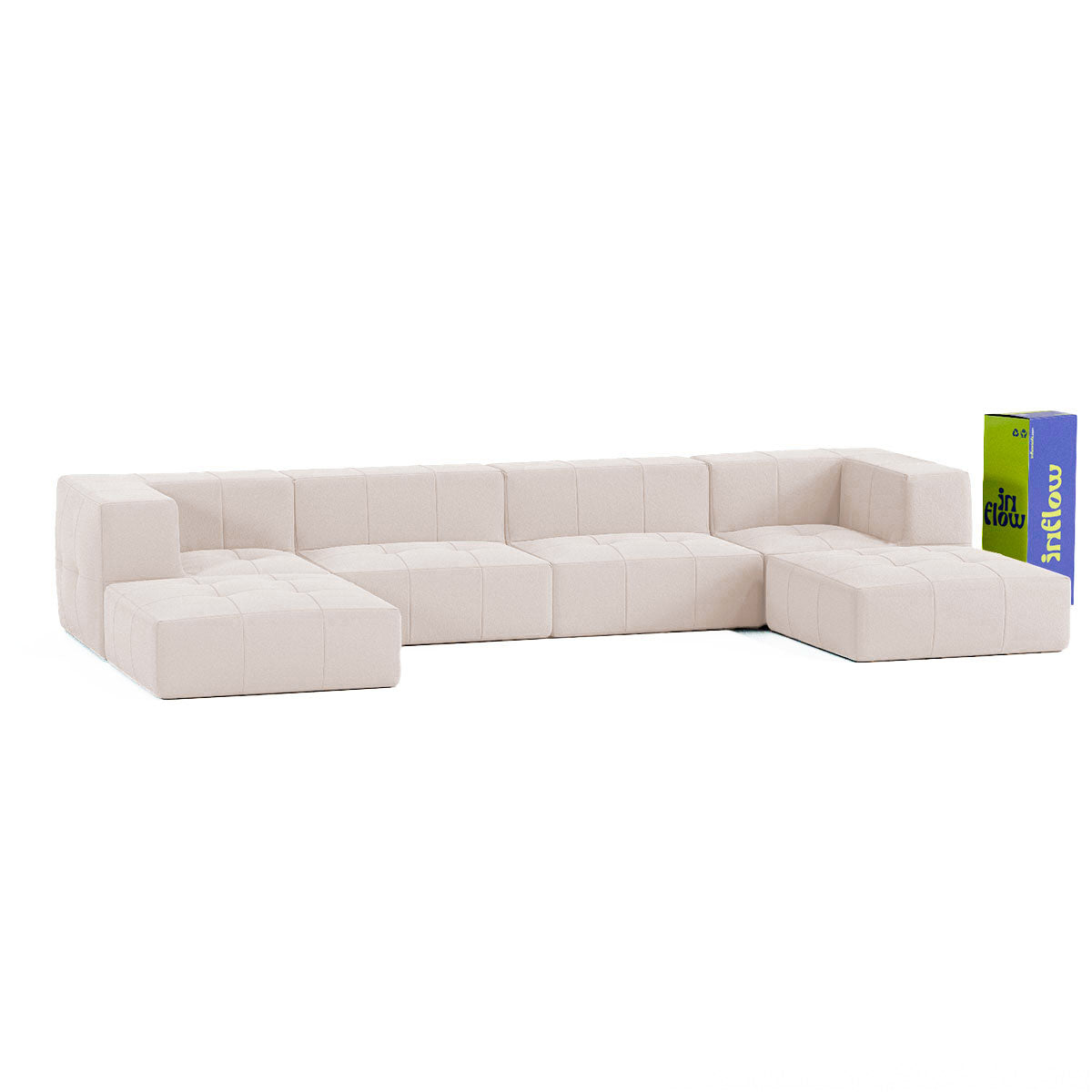 Sofá Modular 4 Lugares 2 Cantos com 2 Apoios de Pé em Boucle Bege