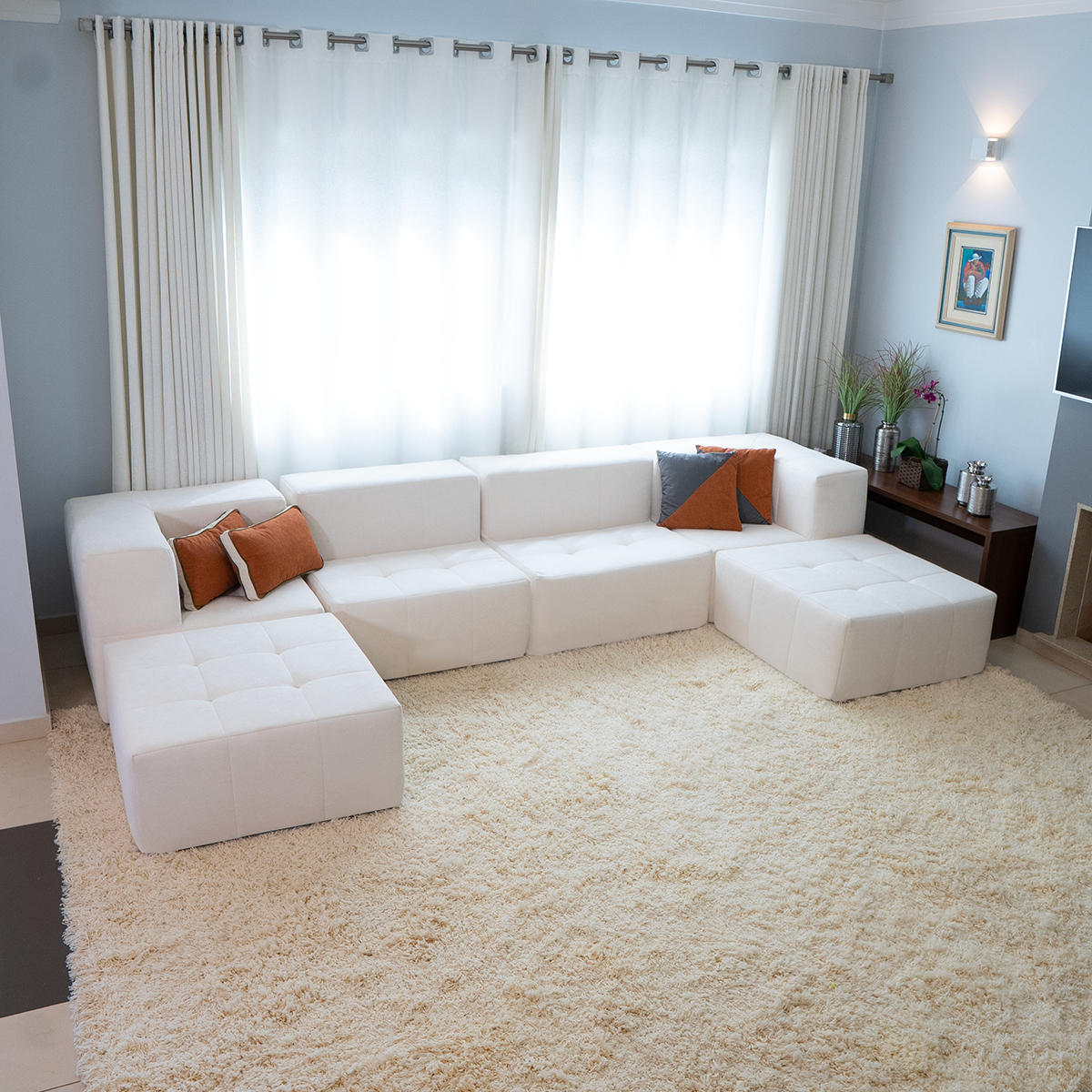 Sofá Modular 4 Lugares 2 Cantos com 2 Apoios de Pé em Boucle Bege