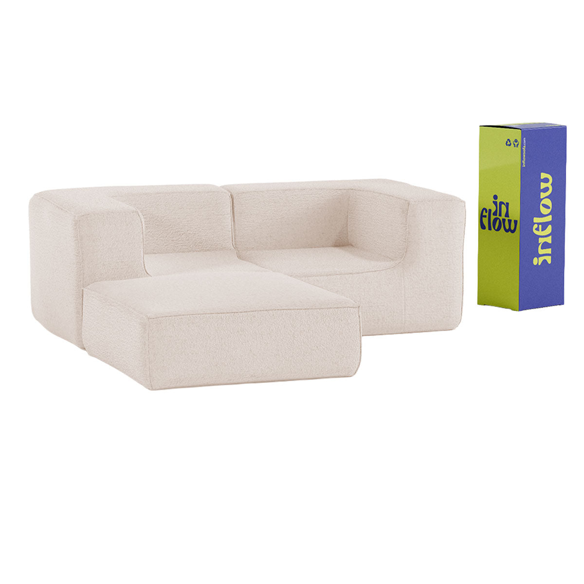 Sofá Modular Flow 2 Lugares 2 Cantos com 1 Apoio de Pé em Boucle Bege