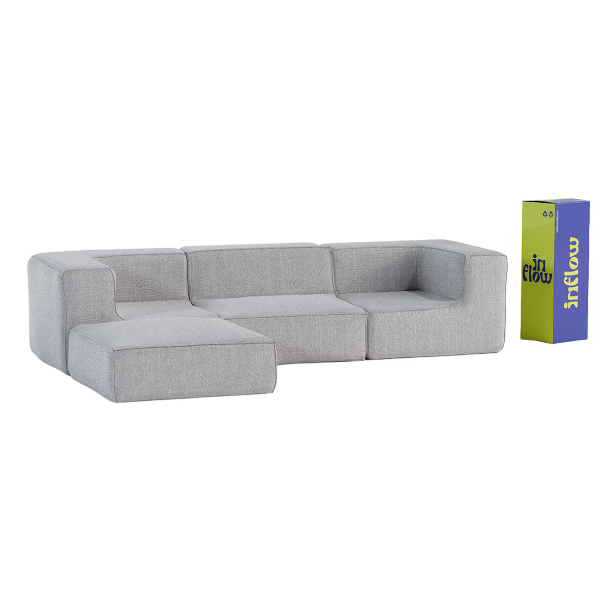 Sofá Modular Flow 3 Lugares 2 Cantos com 1 Apoio de Pé em Boucle Cinza