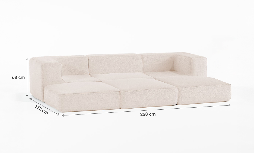 Sofá Modular Flow Boucle Bege - 3 Lugares - 2 Cantos com 3 Chaise
